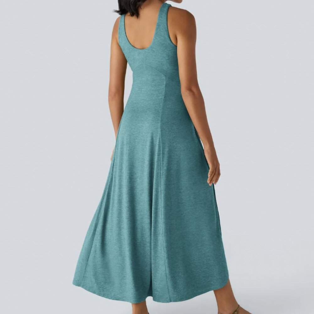 Halara U Neck Flowy Maxi Casual Tank Dress Size L NWT Stone Green Floral Yarn - Picture 2 of 11